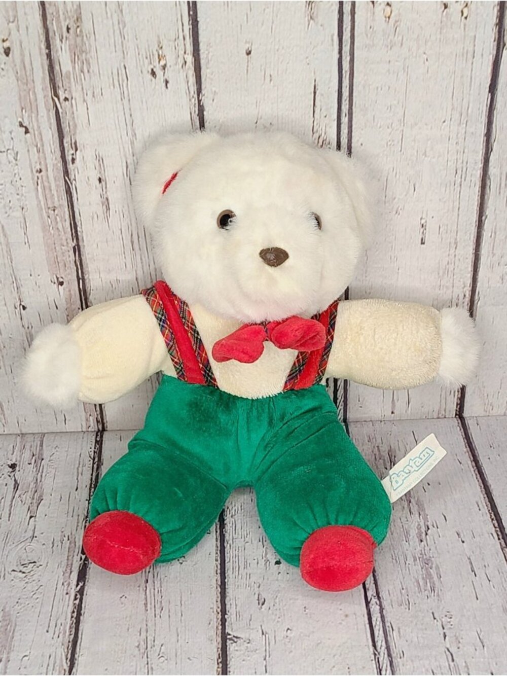 10" Vintage Bantam Christmas Teddy Bear Plush Rattle Plush Suspenders Holiday